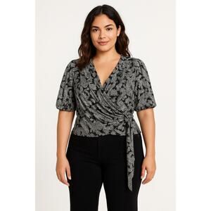 Michael Michael Kors Black & Silver Faux Wrap Blouse Women's Size Medium